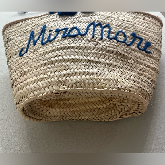 Trendy Straw Woven Beach Bag Vacation Tote with Pom Poms and Miramare Lettering - Picture 2 of 8